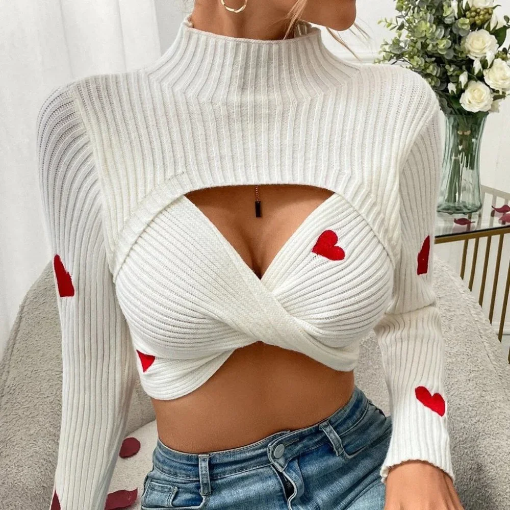 Heart Embroidery Twist Front Cut Out Crop Sweater_3